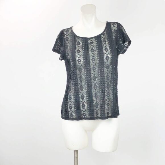 LOFT Medium Petite Womens Black Lace Sheer Top - Picture 1 of 6